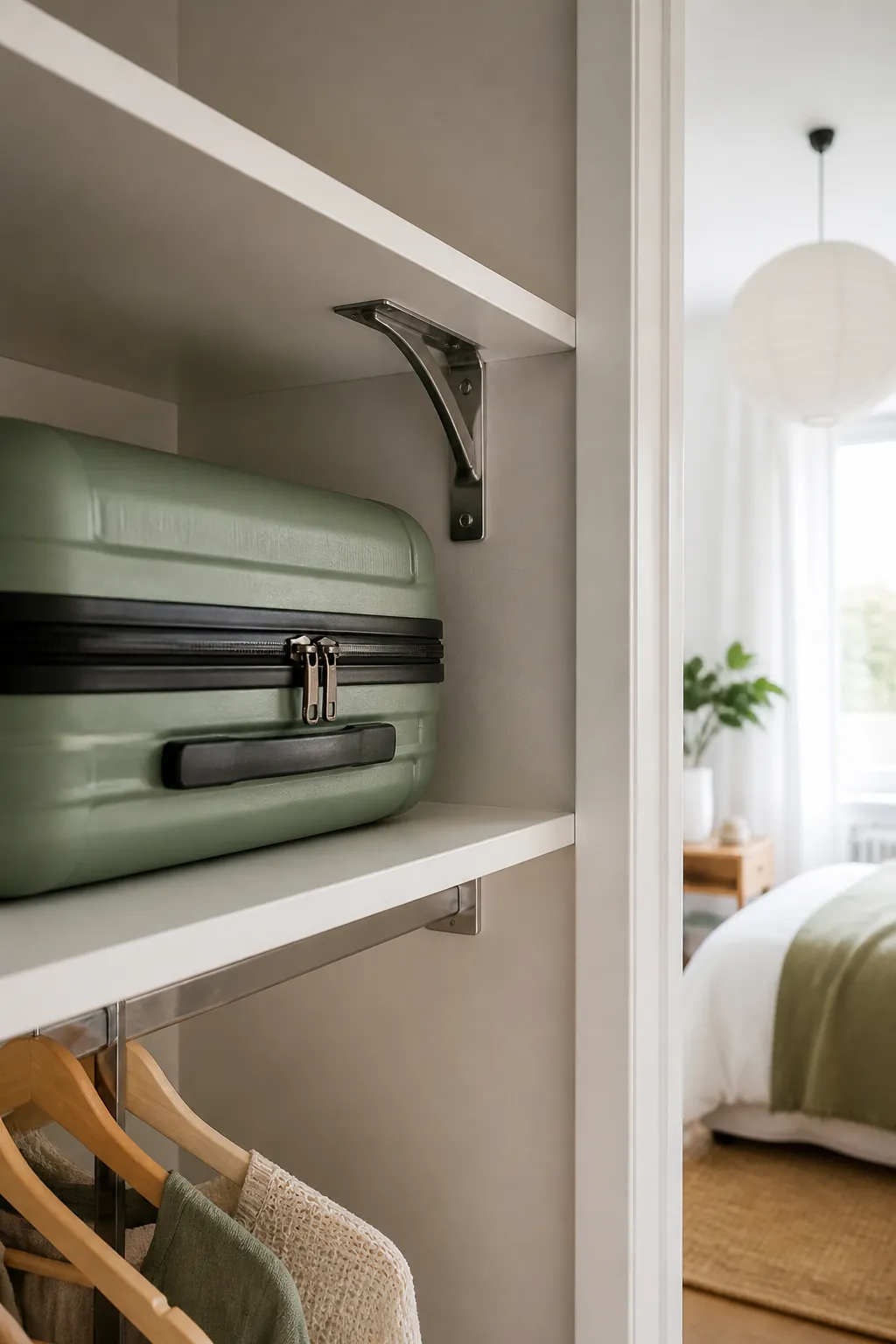 A hardside carry-on being placed on a low closet shelf with the higher shelf left empty