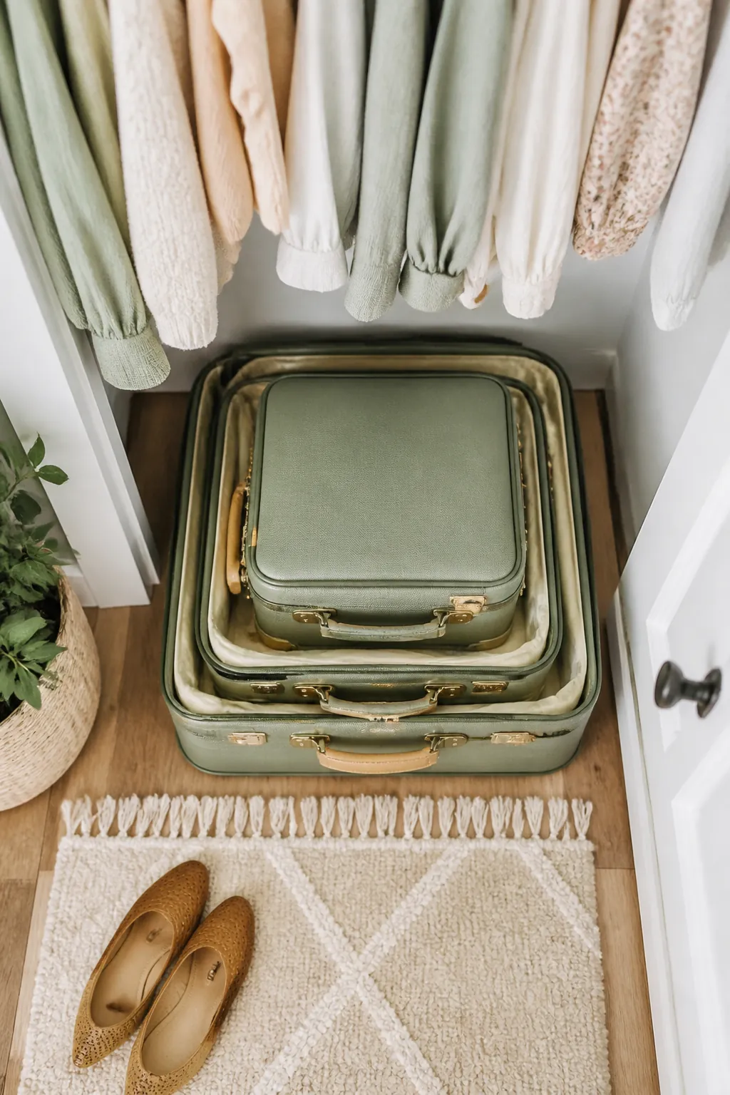 Three nested suitcases of decreasing size stacked inside each other on a closet floor