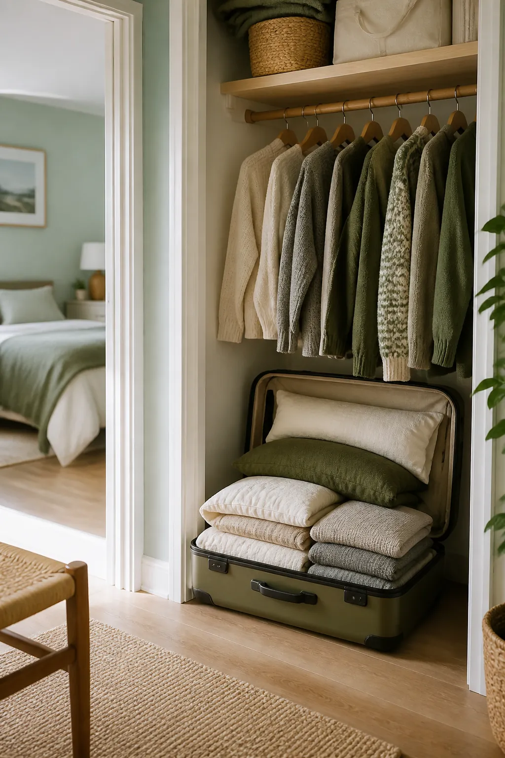 An open suitcase in a closet filled with spare bedding, used as storage between trips