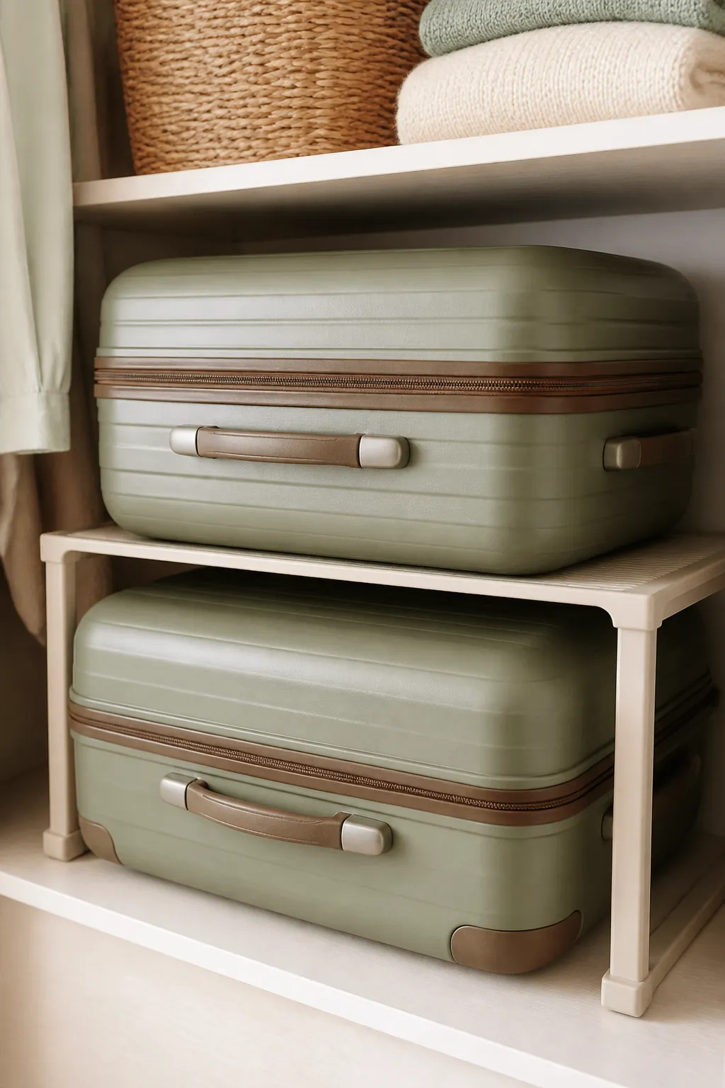 A shelf riser separating two stacked suitcases on a closet shelf, keeping the top case off the bottom one's zipper