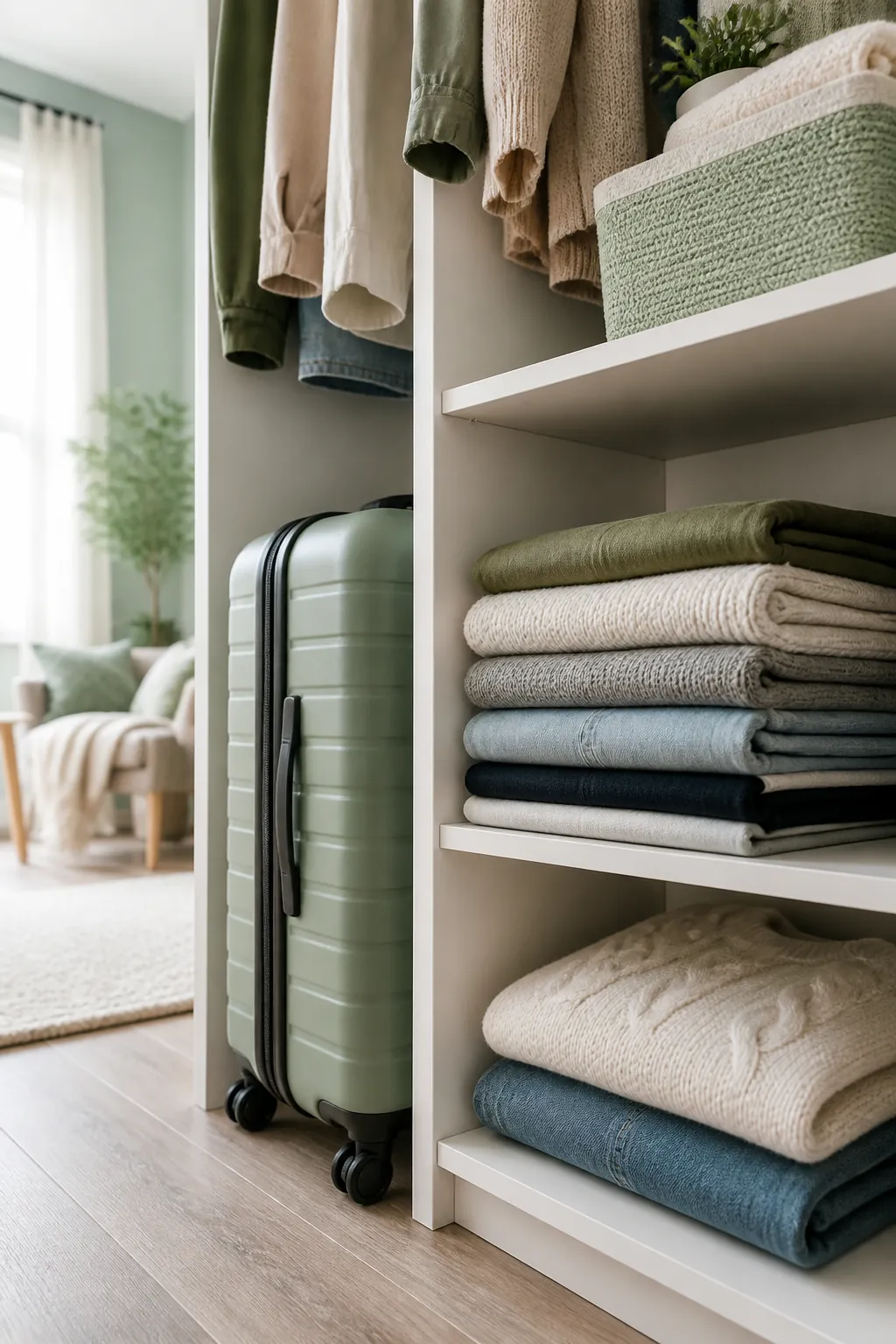 A shelf divider between a standing suitcase and a stack of folded clothes on a closet shelf