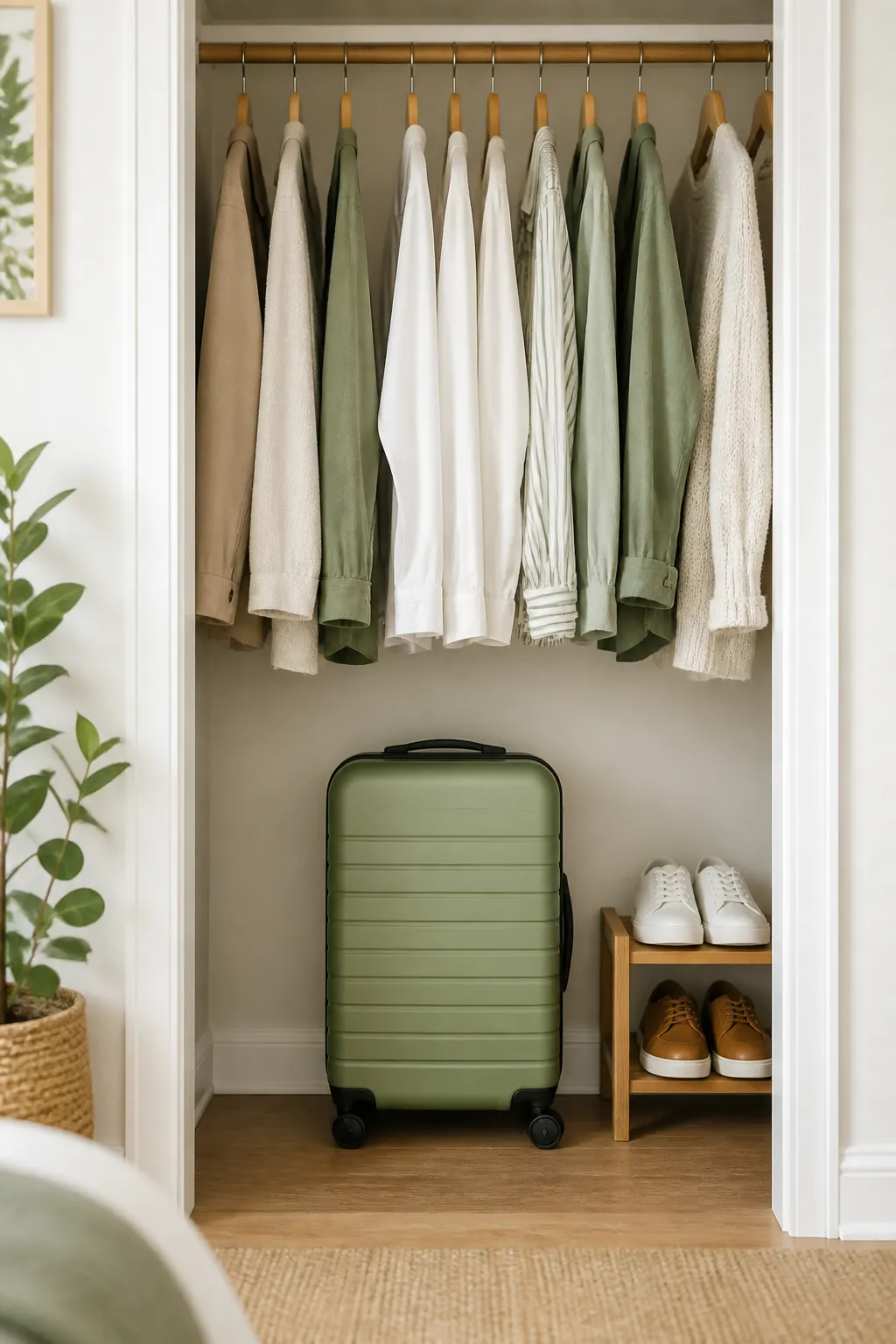 A carry-on suitcase standing upright on a closet floor beneath hanging clothes, clear of the hem