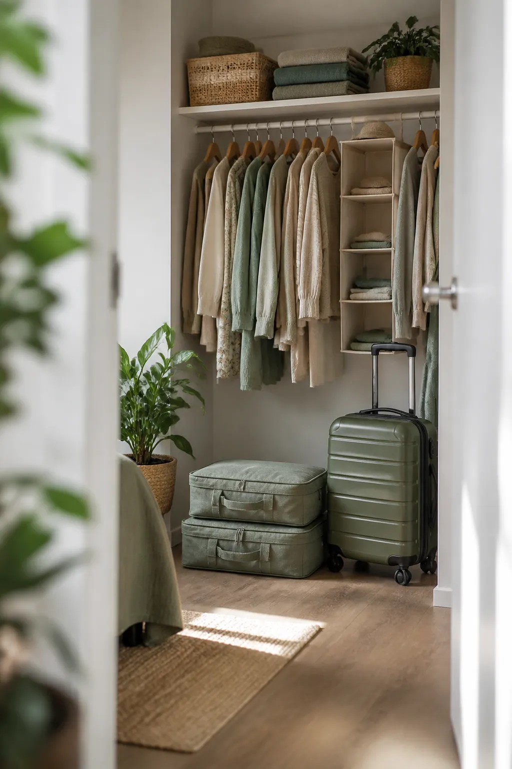 A hardside suitcase standing upright next to two softside bags stacked flat on a shelf