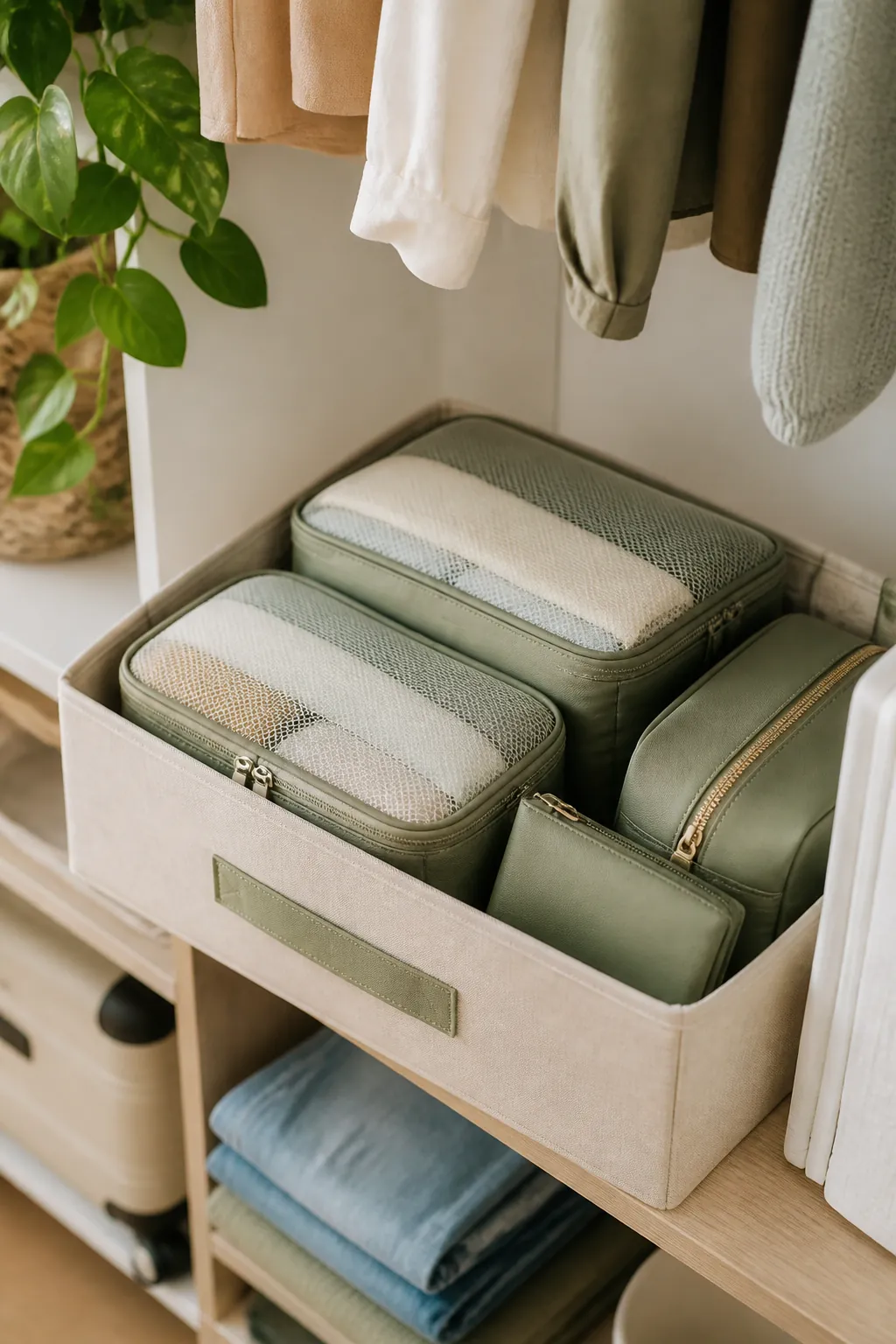 Packing cubes and a toiletry bag grouped in one labelled box on a closet shelf