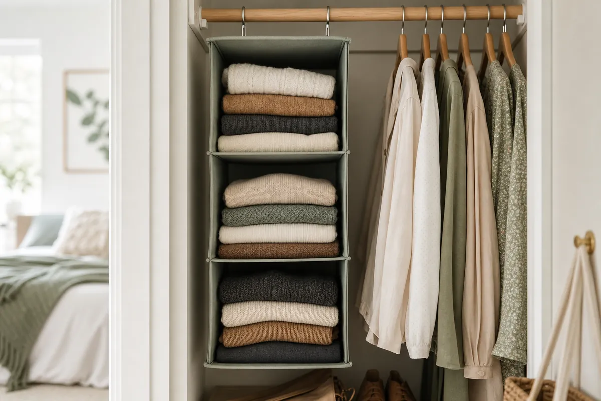 Hanging closet shelf organizer used for sweater storage, with folded cream and camel knits stacked neatly in fabric cubbies beside hanging blouses