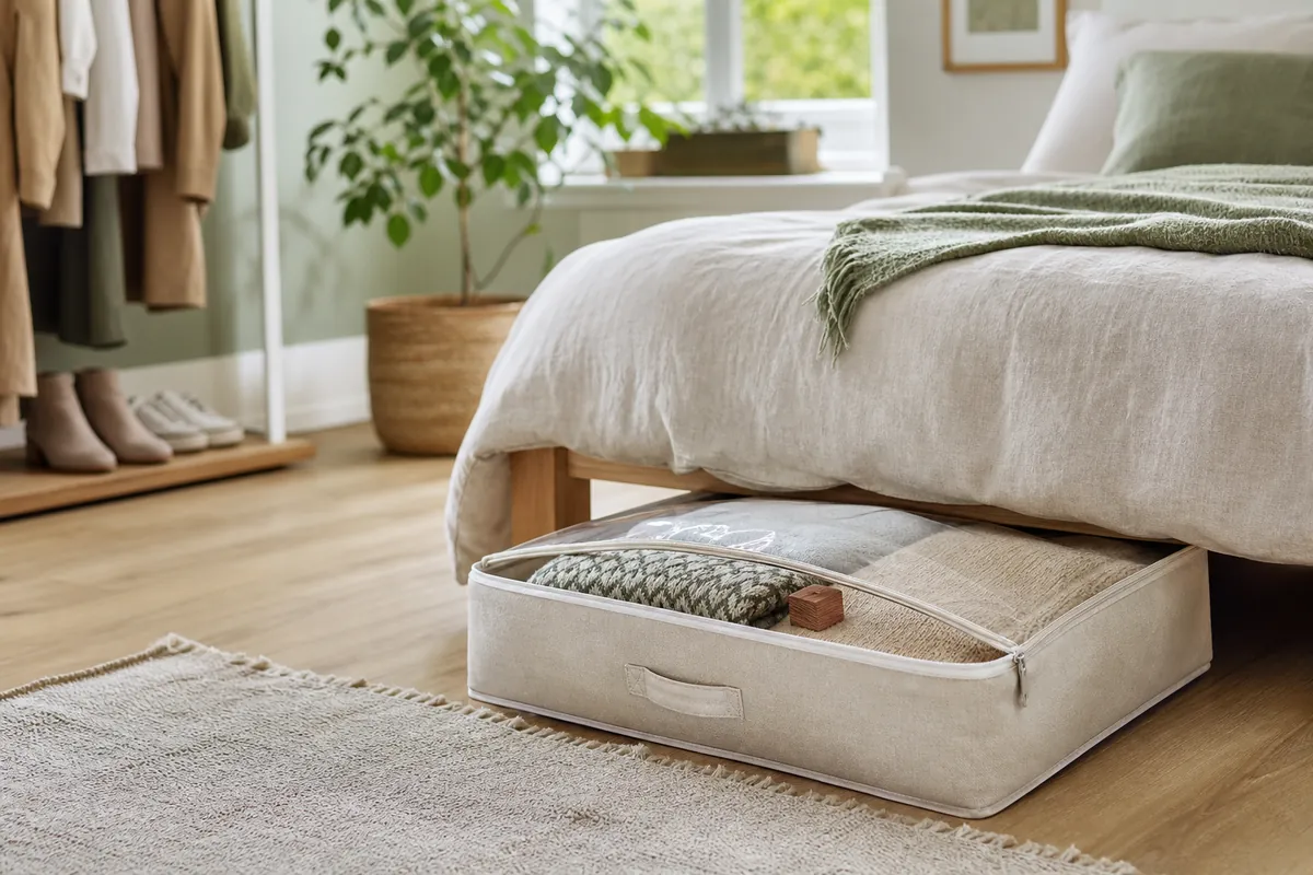 Under-bed clothes storage bag with clear panel pulled partway out, holding folded wool sweaters and a cedar block for off-season sweater storage