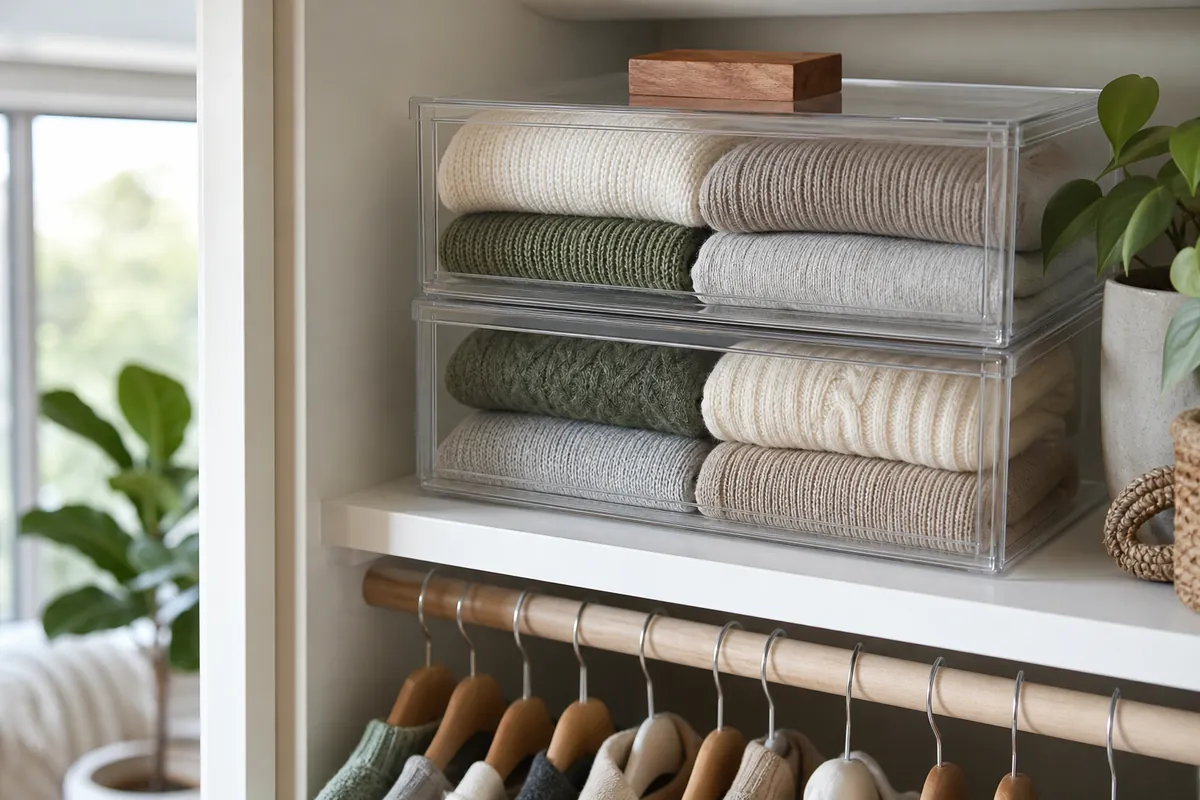 Clear stackable storage bins on a closet top shelf filled with folded knits, a simple sweater storage setup for small rental closets