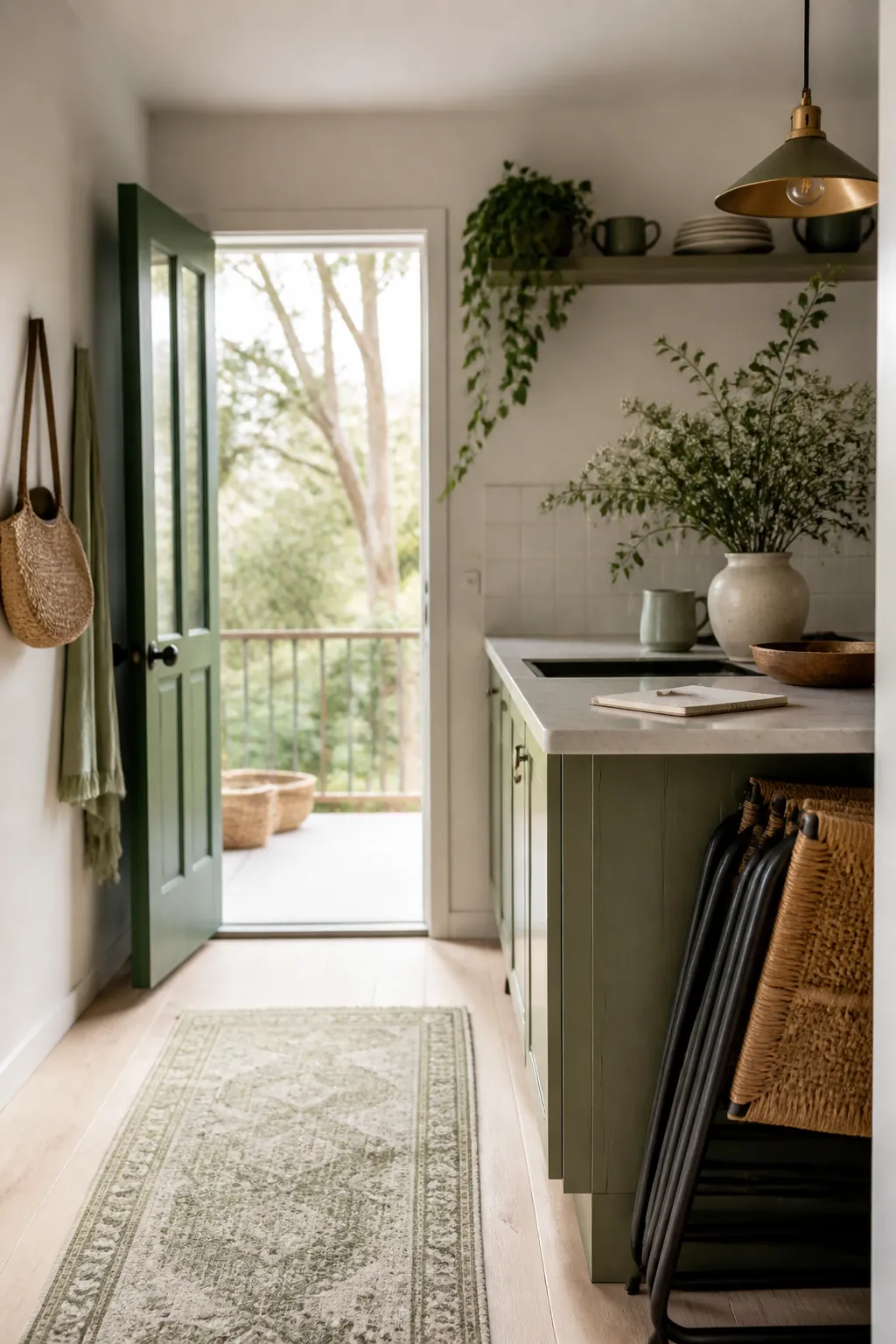 A handwritten guest list on a notepad beside a stack of folded chairs on a kitchen counter.