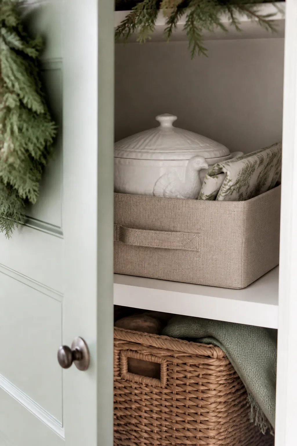 A labeled storage bin on a closet's top shelf holds a turkey platter and a folded tablecloth.