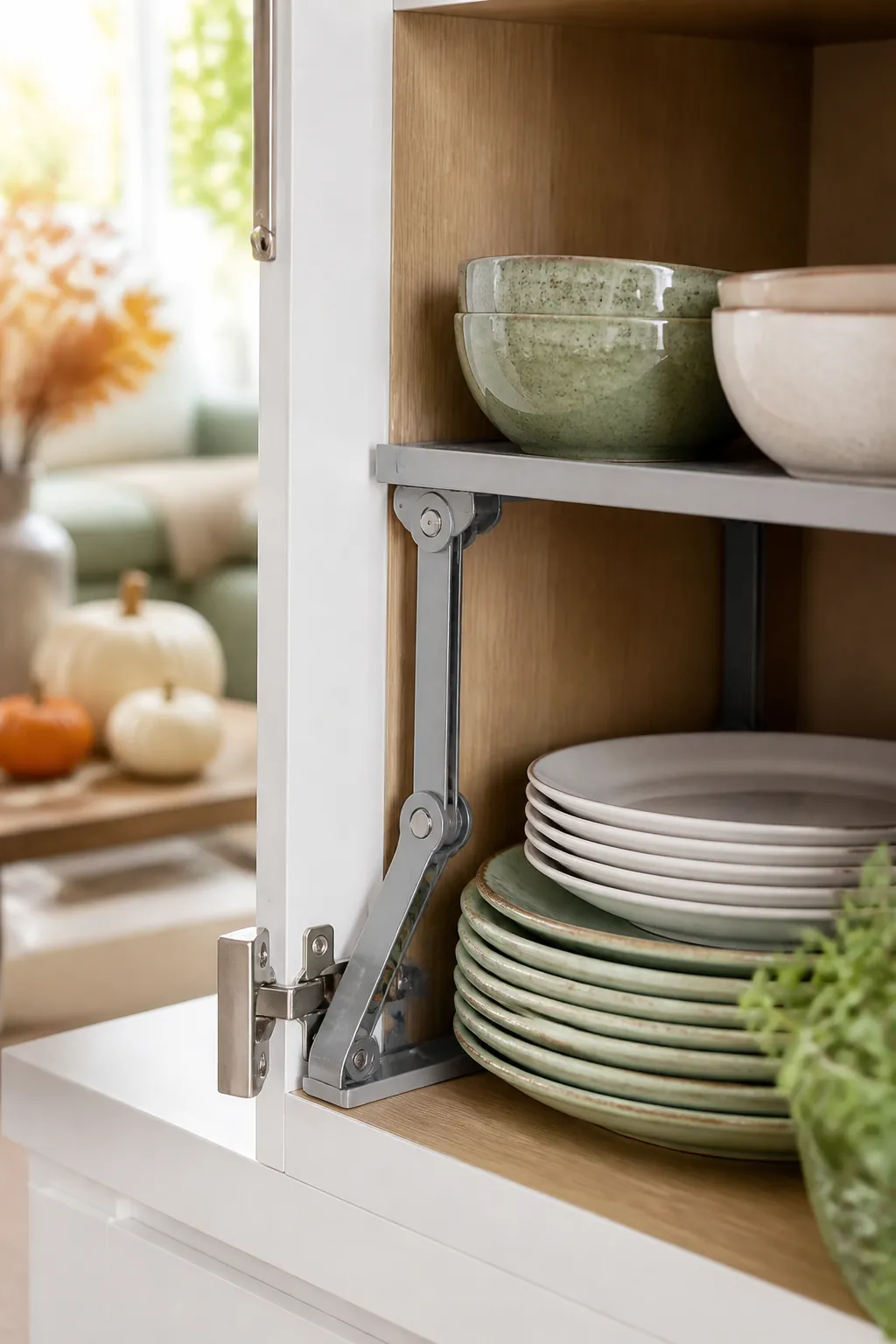 An open cabinet shelf holds plates below and bowls above, separated by a metal expandable shelf riser.