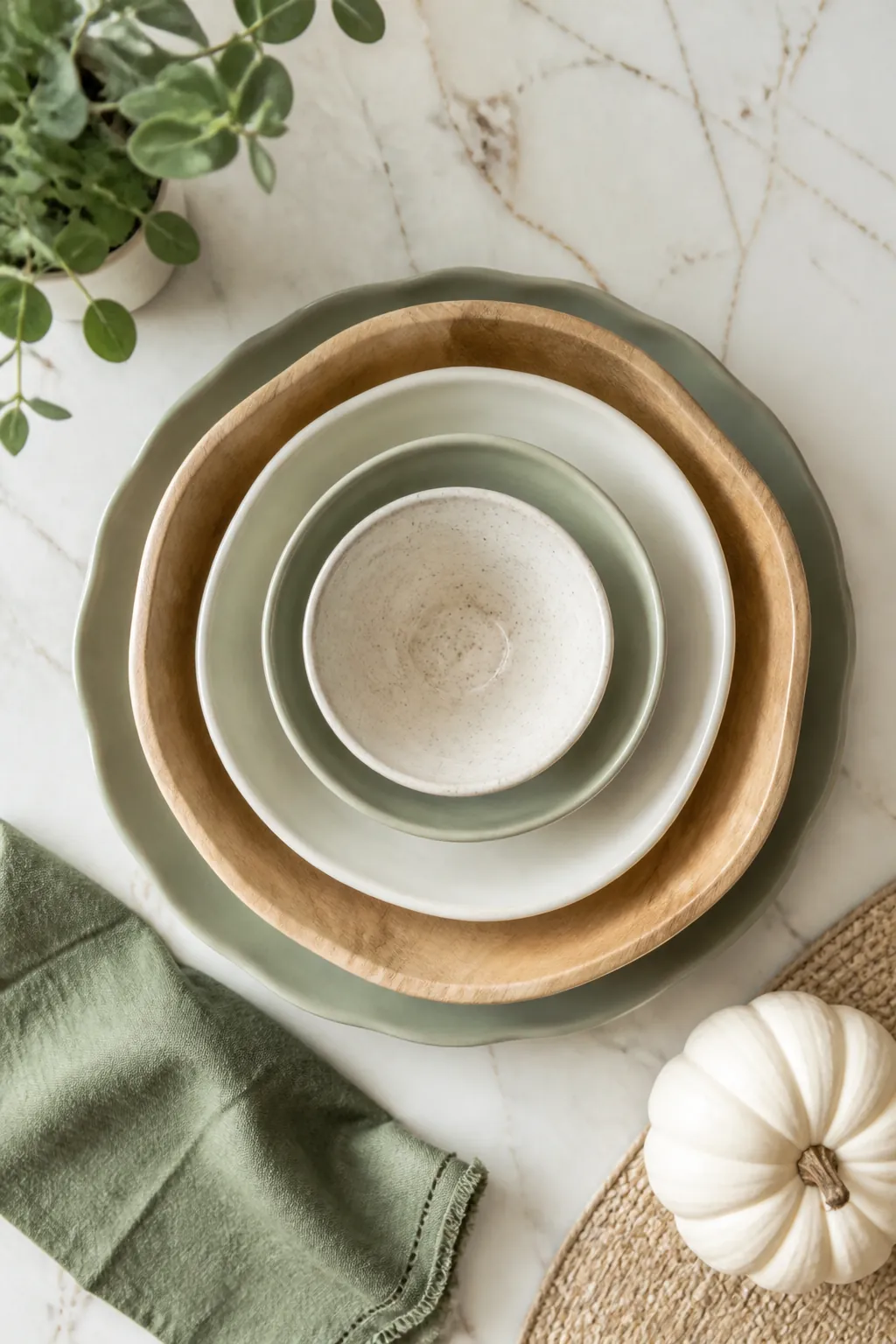 Several mixing bowls and platters are nested together by size on a counter, smallest bowl sitting on top.