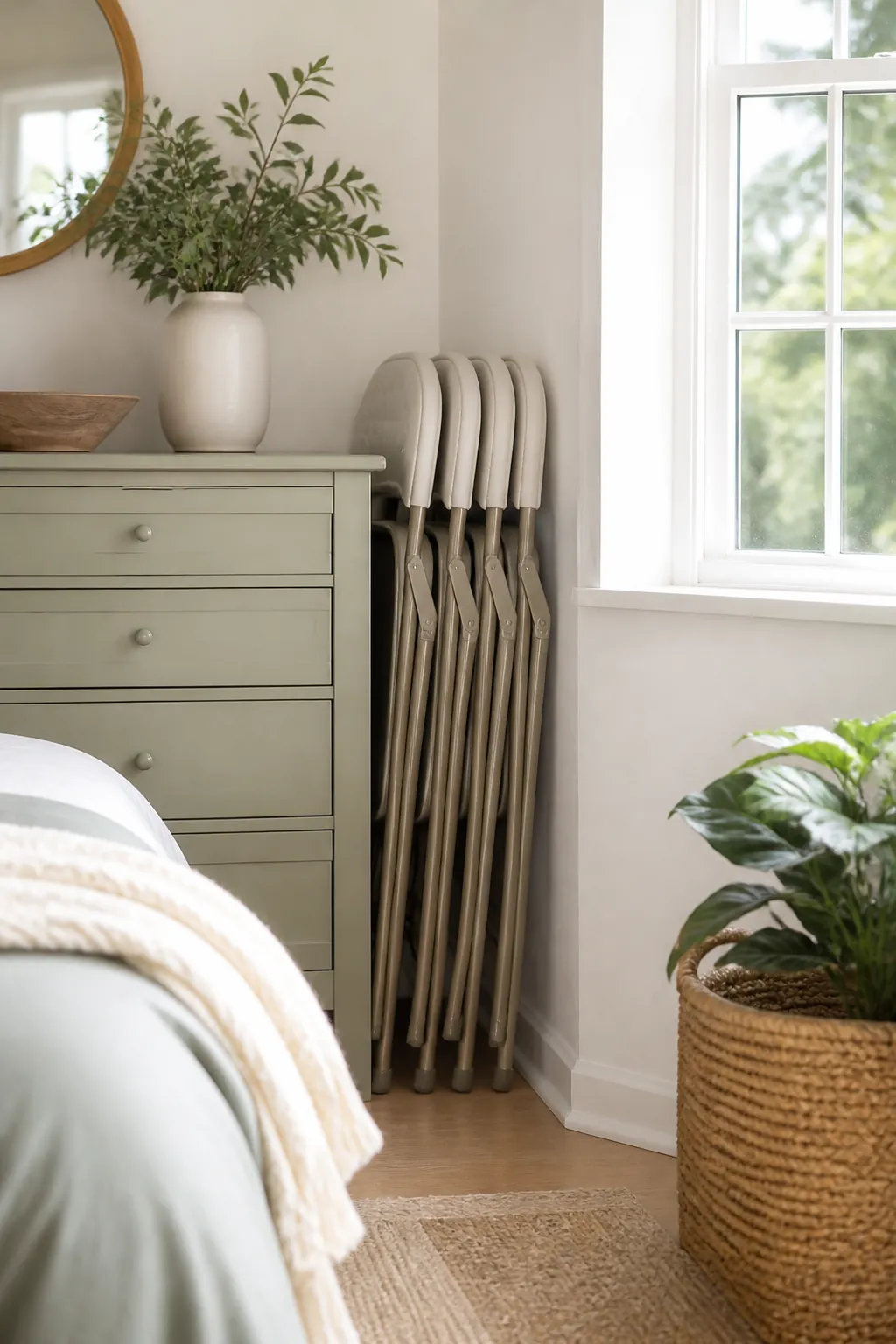 Four folded chairs stand upright together in a narrow gap between a dresser and the wall.