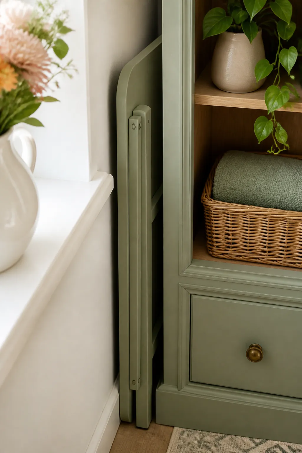 A folded card table stands in a narrow gap beside a bookshelf, its legs collapsed flat against the top.