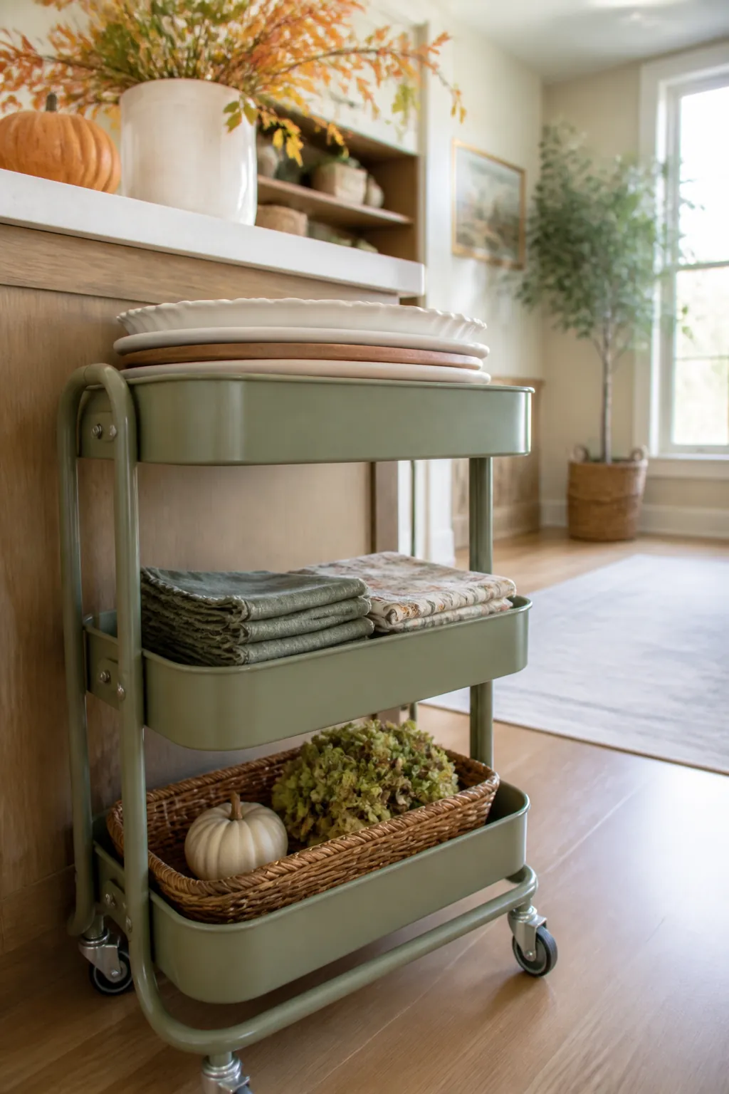 A 3-tier rolling cart in a kitchen holds serving platters on its top shelf and folded napkins below.