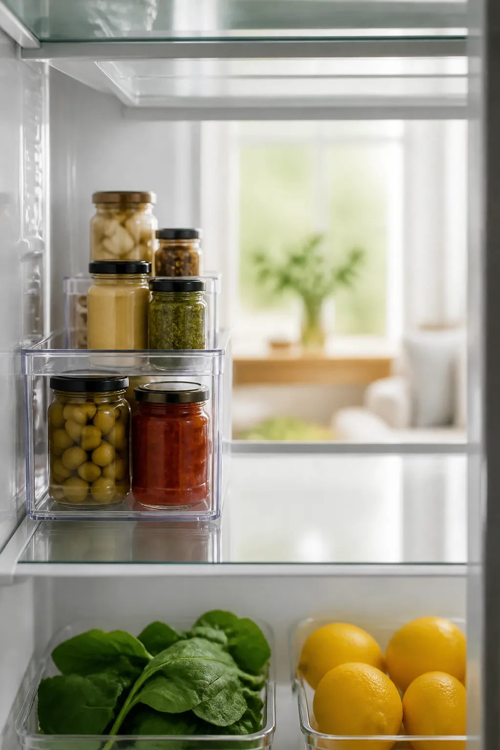 An open refrigerator shelf shows condiment jars grouped into one clear stackable bin with empty space beside it.