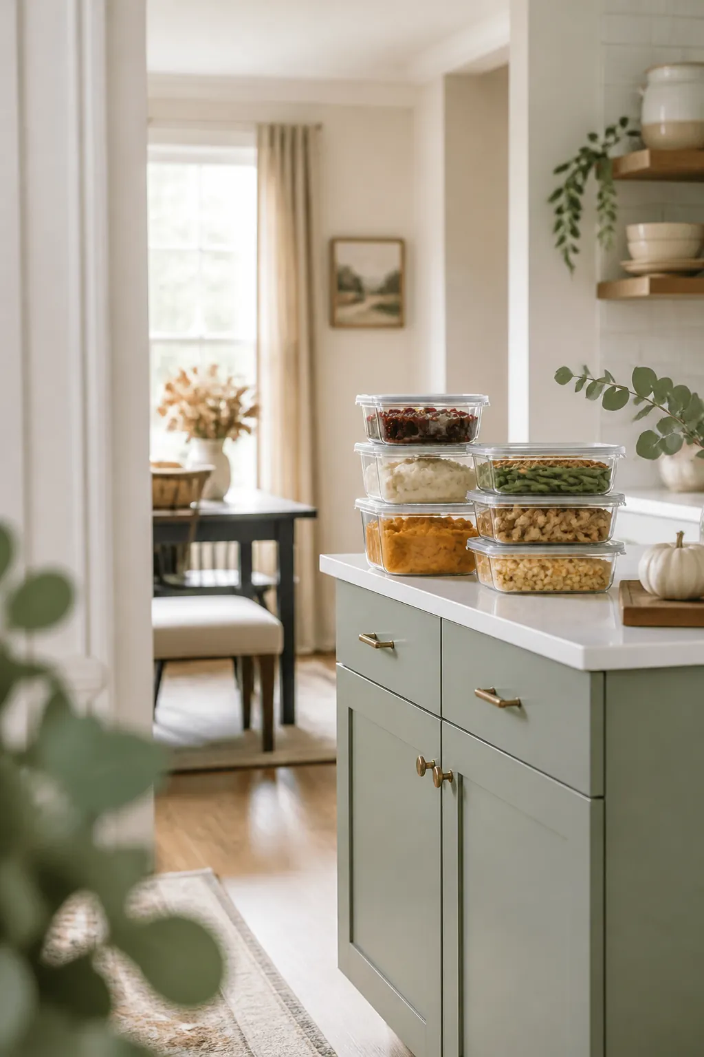Several clear stackable containers with lids sit on a counter, each holding a different Thanksgiving side dish.