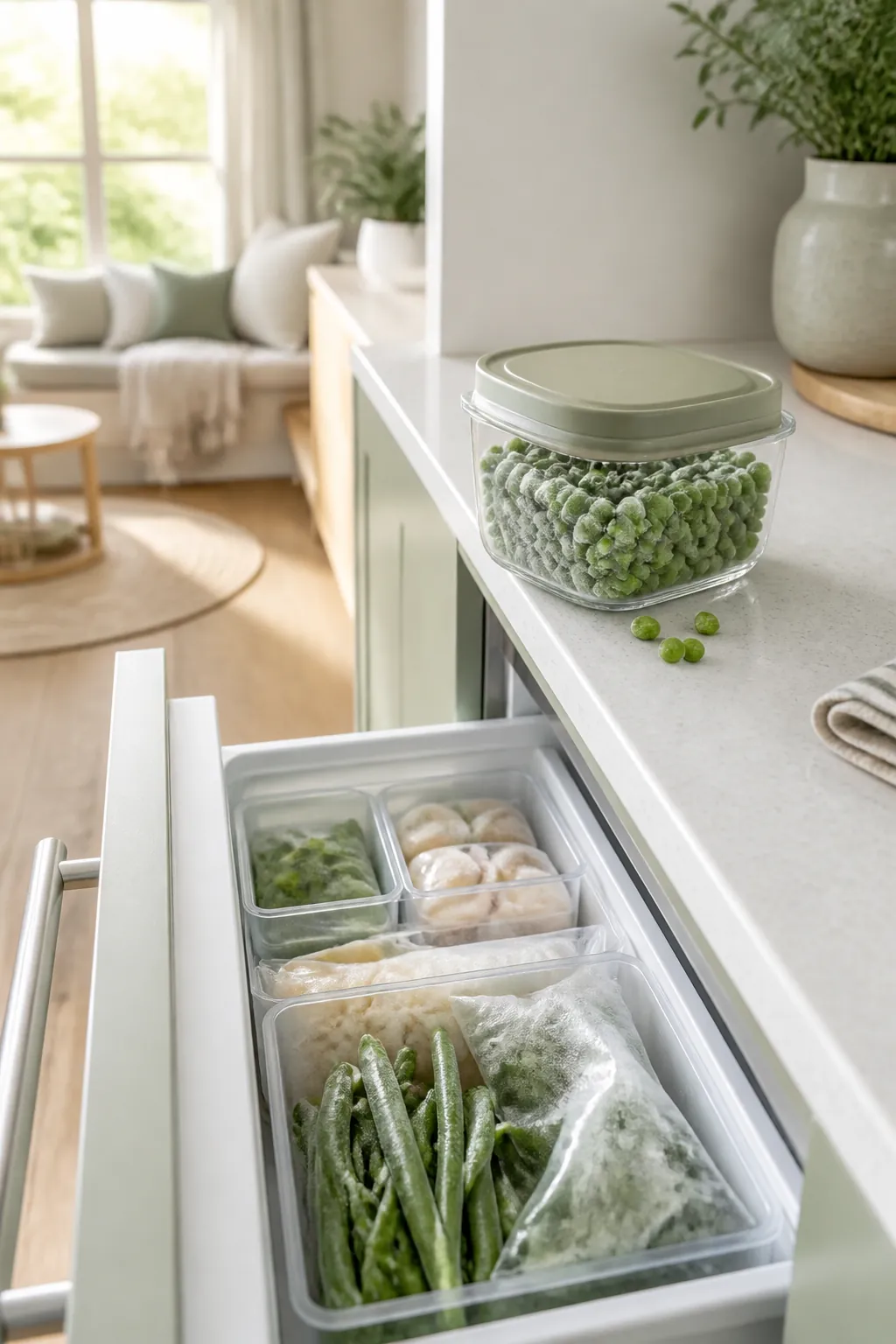 A stackable food storage container with a handwritten date label on its lid rests beside an open freezer drawer.