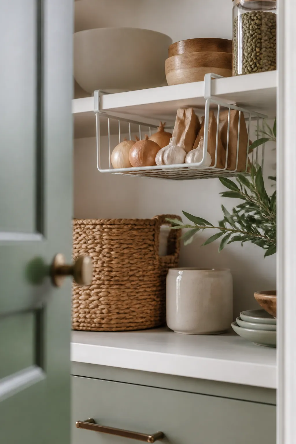 A wire basket clipped beneath a pantry shelf, holding loose produce and small packages underneath