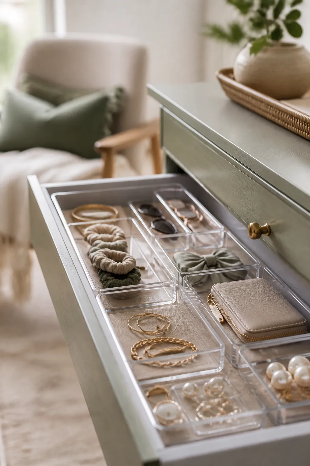Clear acrylic trays of different sizes arranged inside an open dresser drawer, organizing folded items