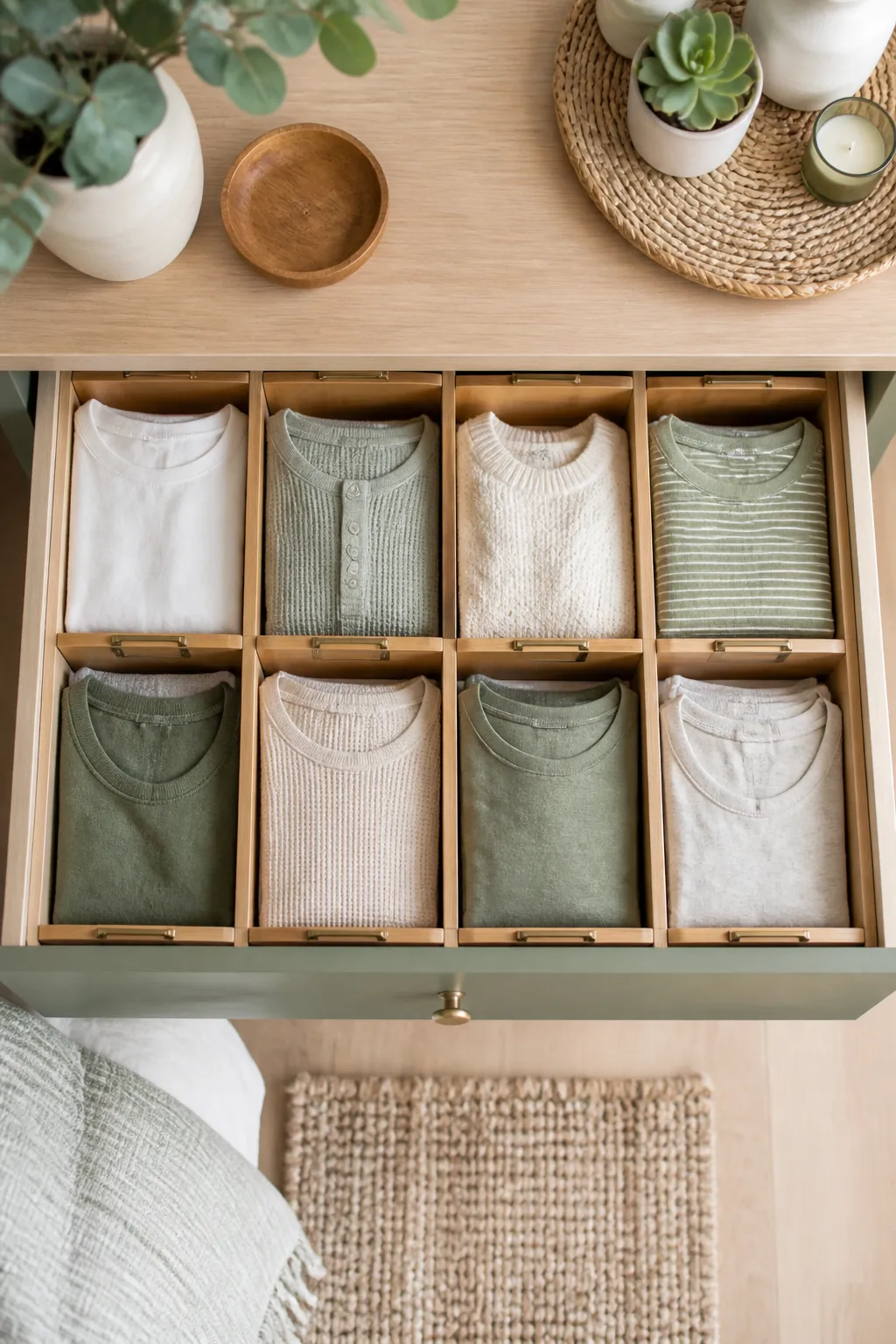 Wooden drawer dividers with label slots separating folded shirts into sections inside an open drawer