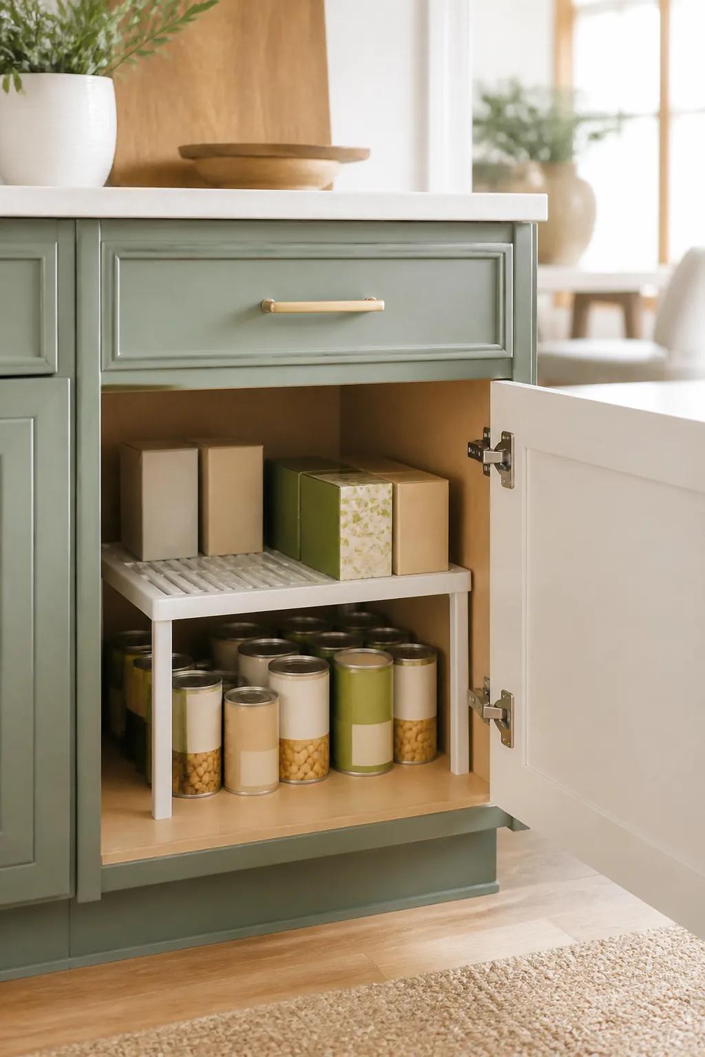 An expandable shelf riser inside a kitchen cabinet holding canned goods below and boxes stacked above