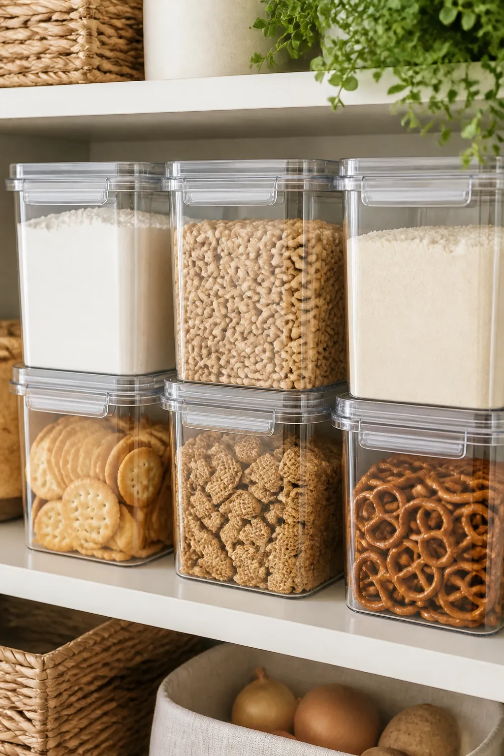Clear stackable bins with lids lined up on a pantry shelf, labeled and filled with dry goods