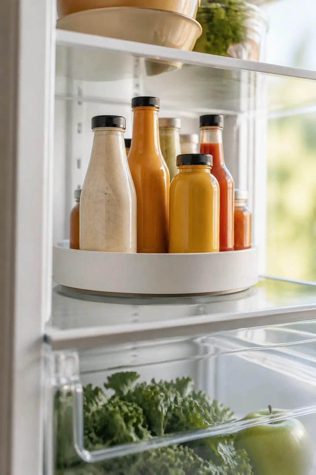 A round turntable organizer on a refrigerator shelf with condiment bottles arranged around its edge
