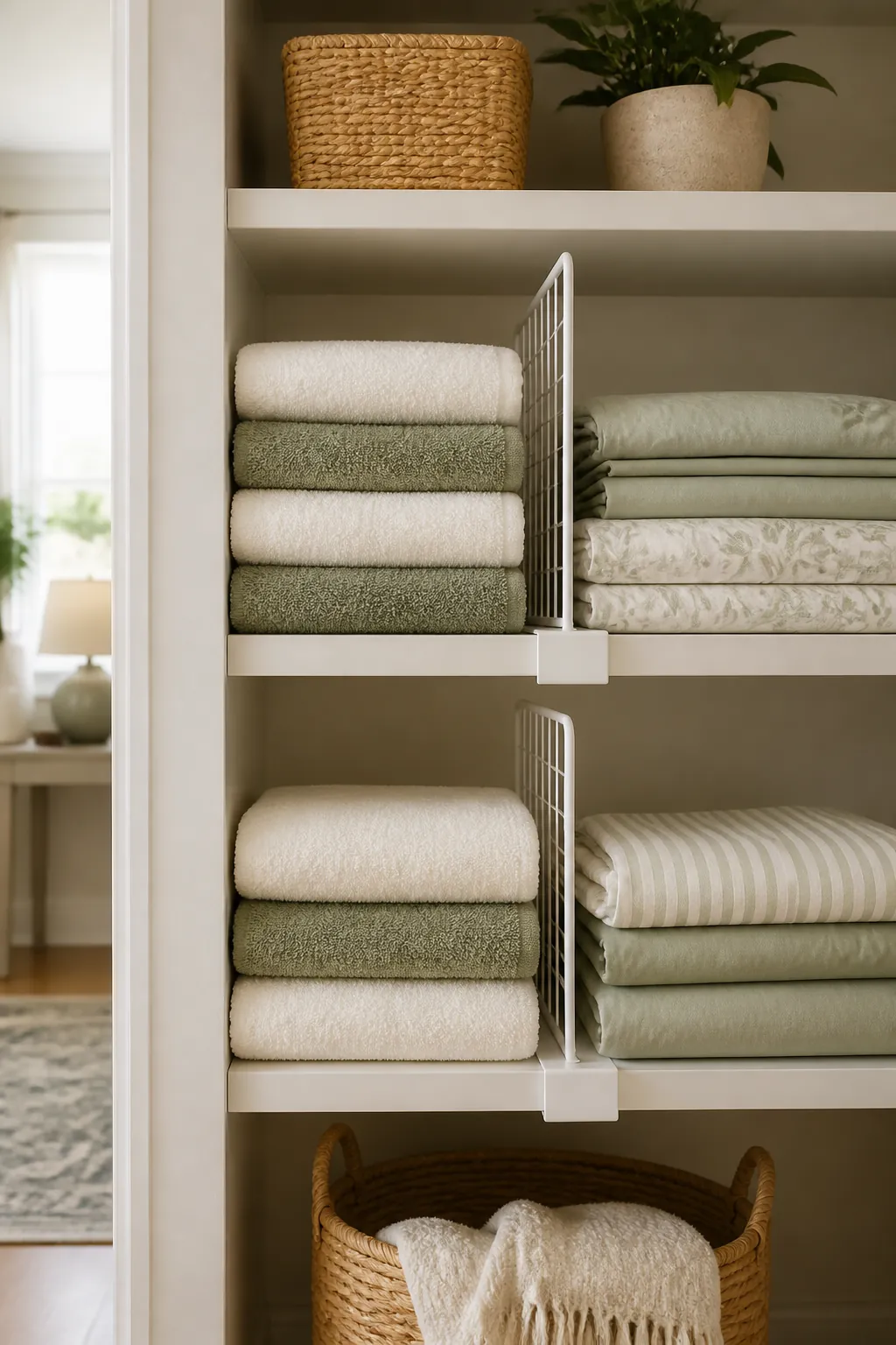 Wire shelf dividers clipped onto a linen closet shelf, separating a stack of towels from folded sheets