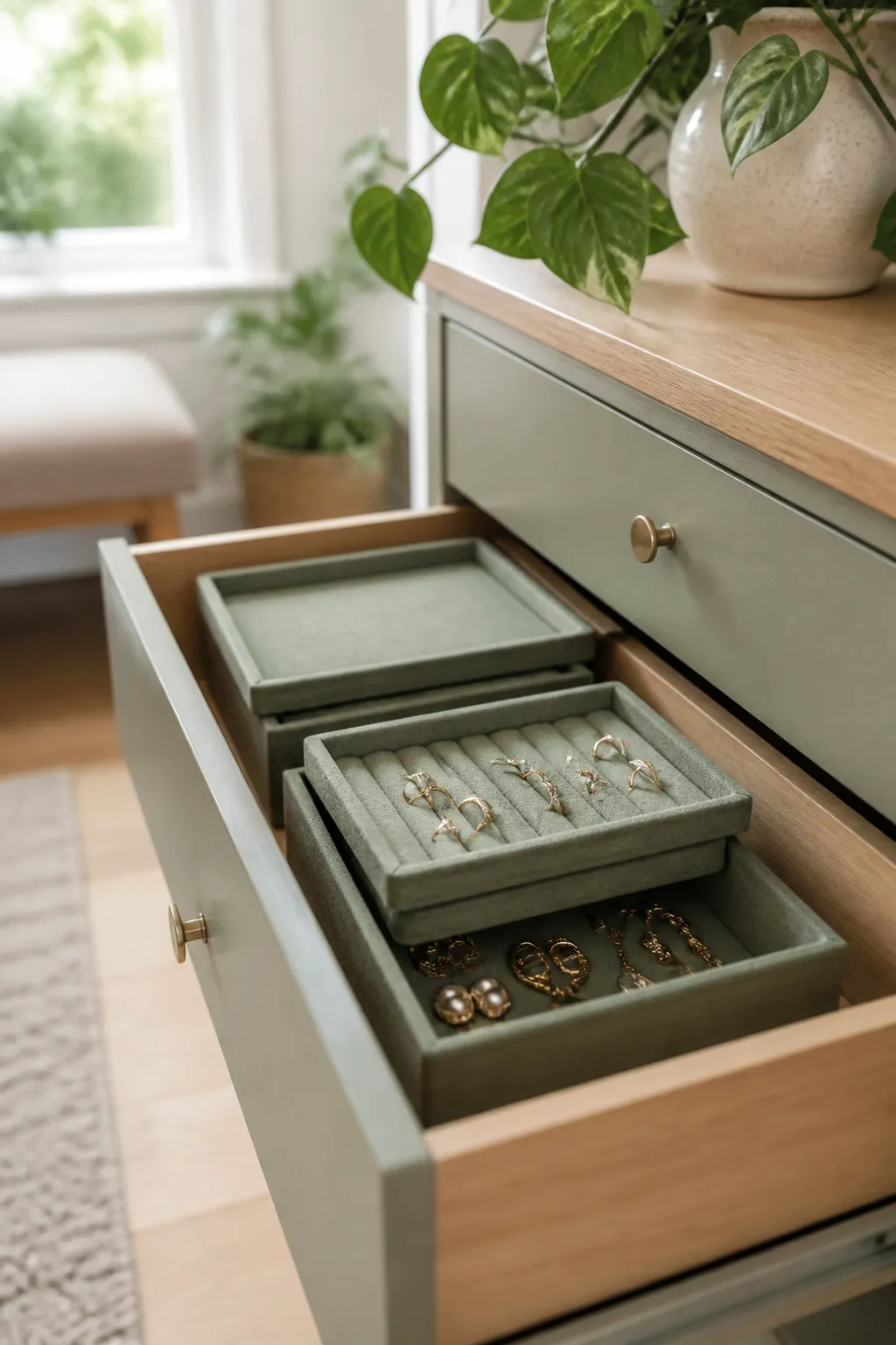 Open stackable jewelry trays inside a dresser drawer, rings in one tray and earrings in another