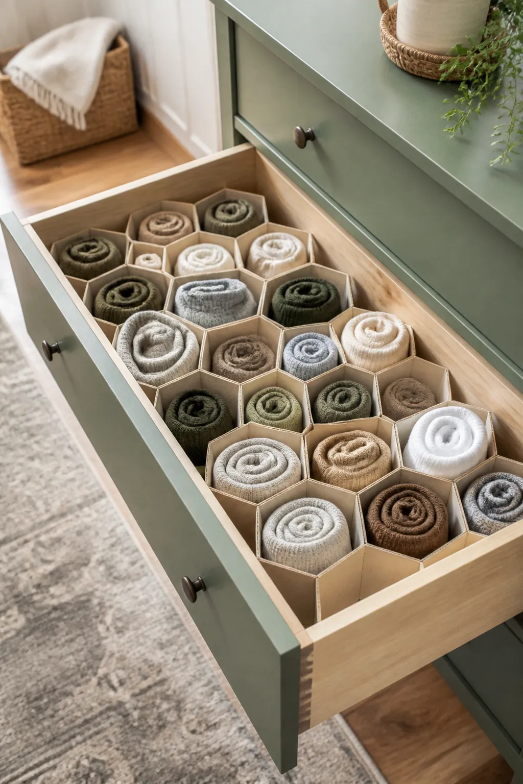 A honeycomb drawer divider expanded inside a drawer, rolled socks standing upright in hexagonal cells