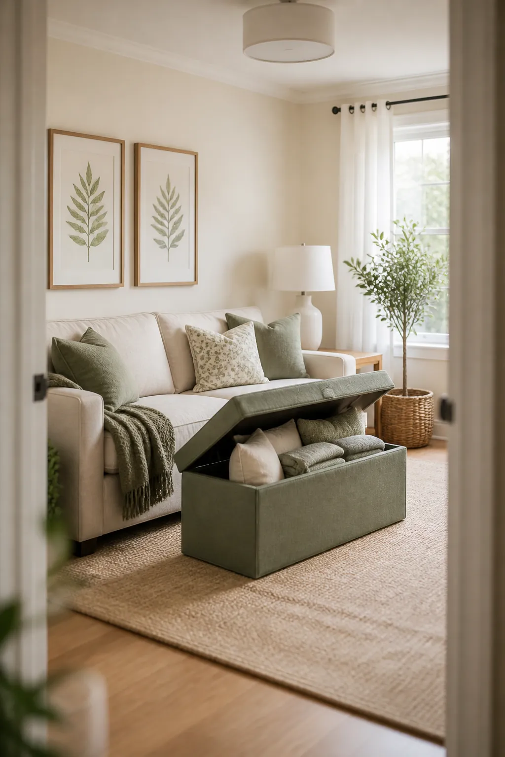 An open storage ottoman in front of a sofa holding three throw pillows tucked inside next to folded blankets.