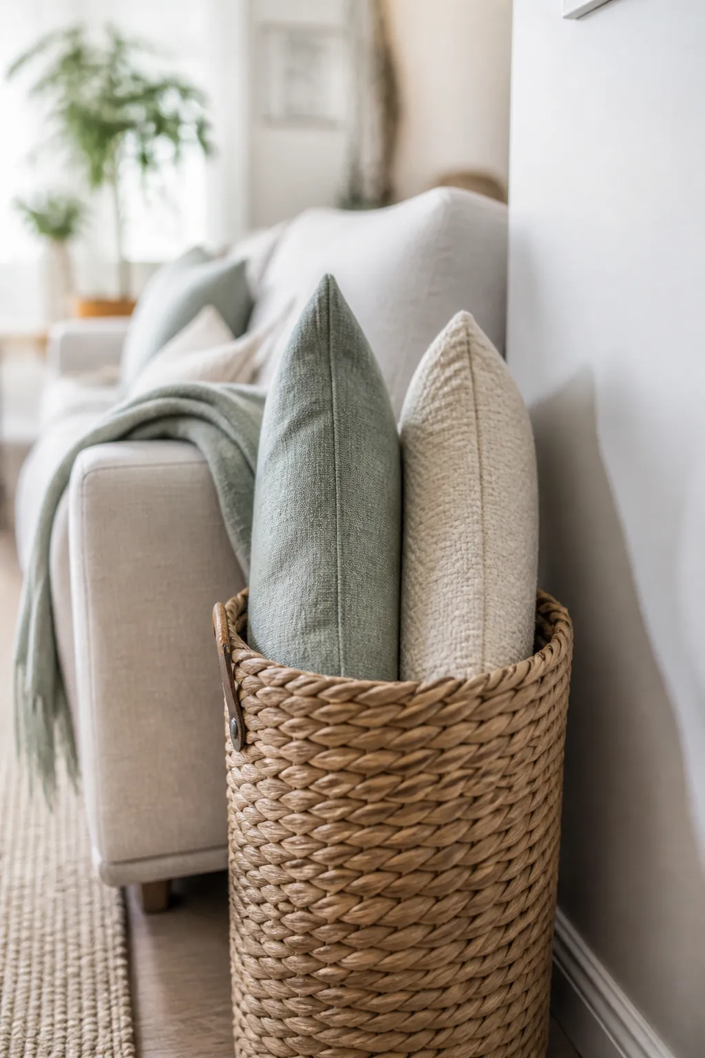A tall woven basket beside a sofa with two throw pillows standing upright on edge inside it.