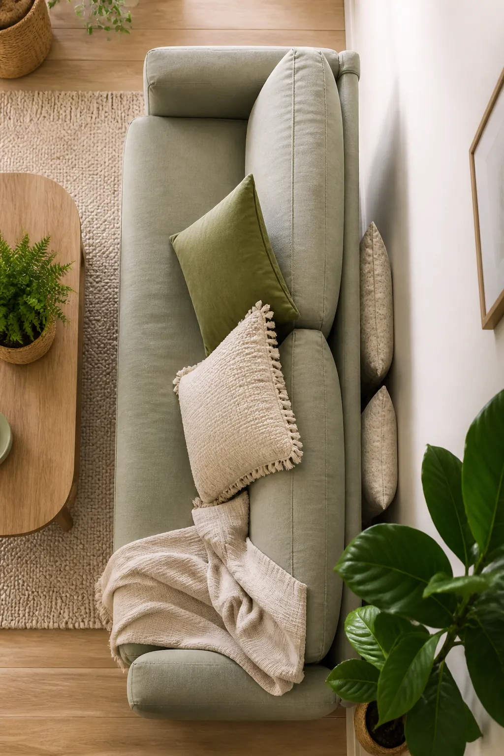 Two flat decorative pillows leaning on edge in the narrow gap behind a sofa pulled away from the wall.