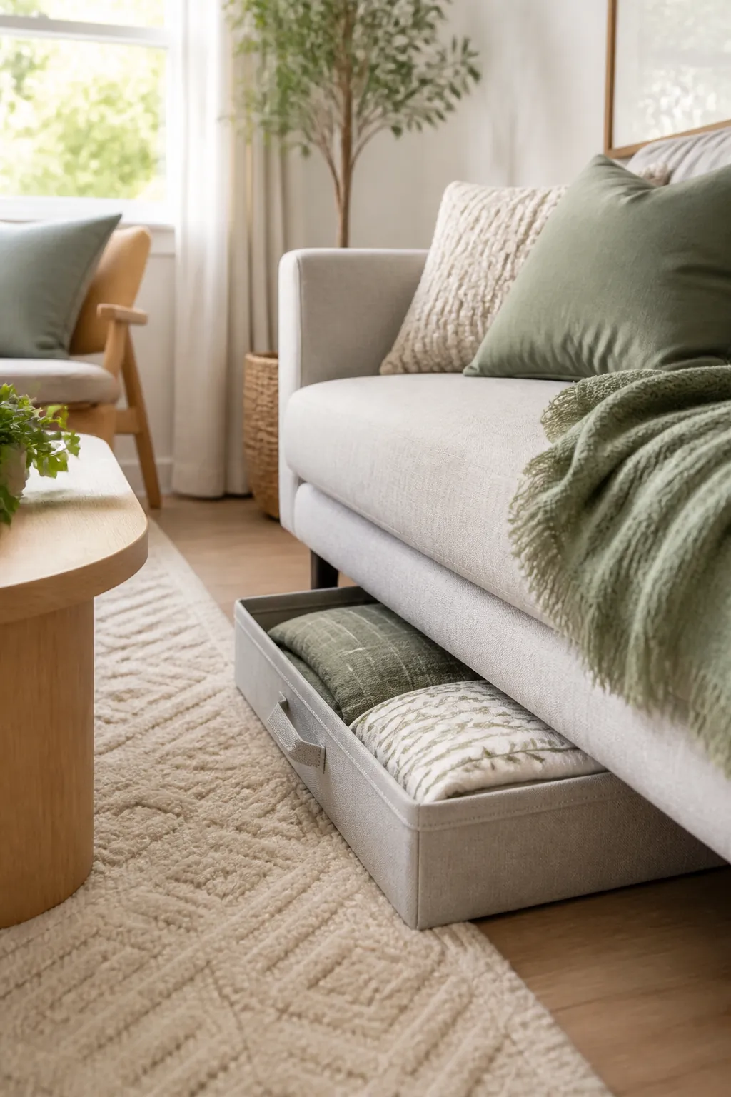 A shallow lidded storage bin pulled partway out from under a sofa with folded pillow covers visible inside.