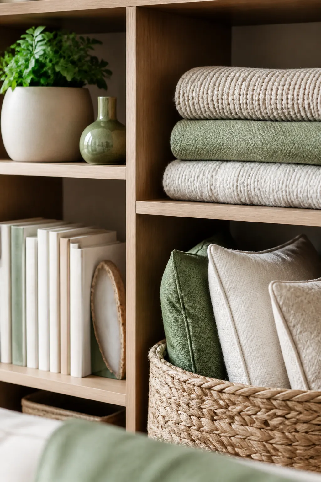 A cube shelving unit with one lower cube filled with throw pillows and the other cubes holding different items.