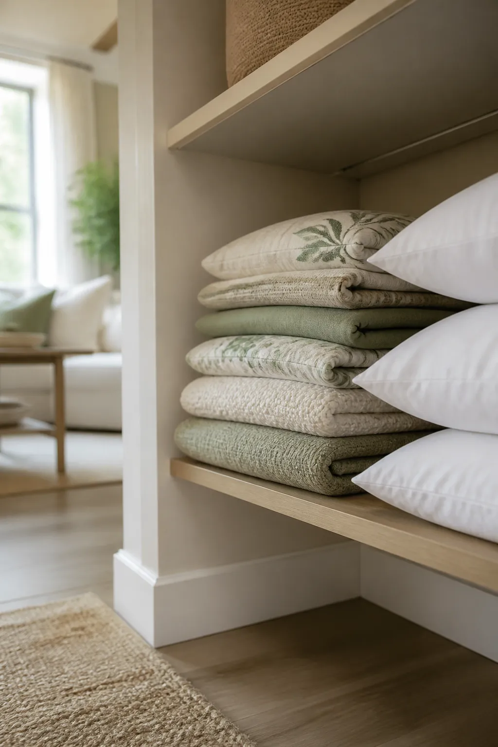 Folded seasonal pillow covers stacked flat on a closet shelf beside plain pillow inserts waiting nearby.
