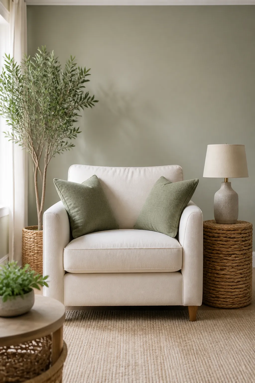 An accent chair with a throw pillow on each arm beside a woven basket used as a side table.