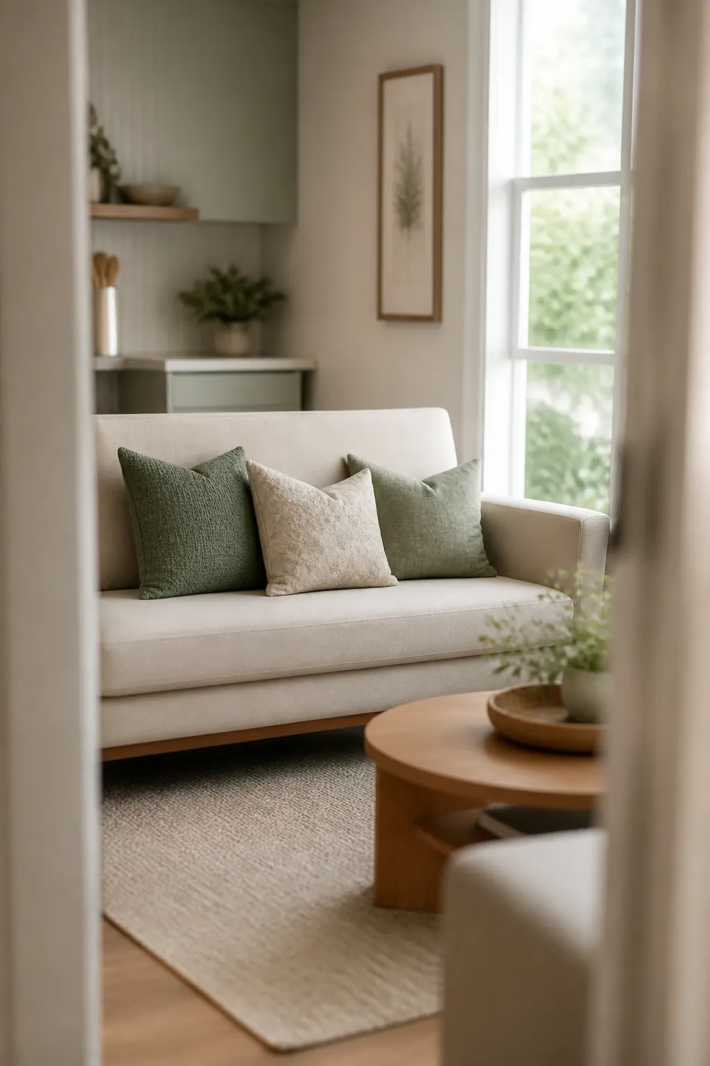 A sofa styled with exactly three coordinated throw pillows and no extra pillows crowding the cushions.