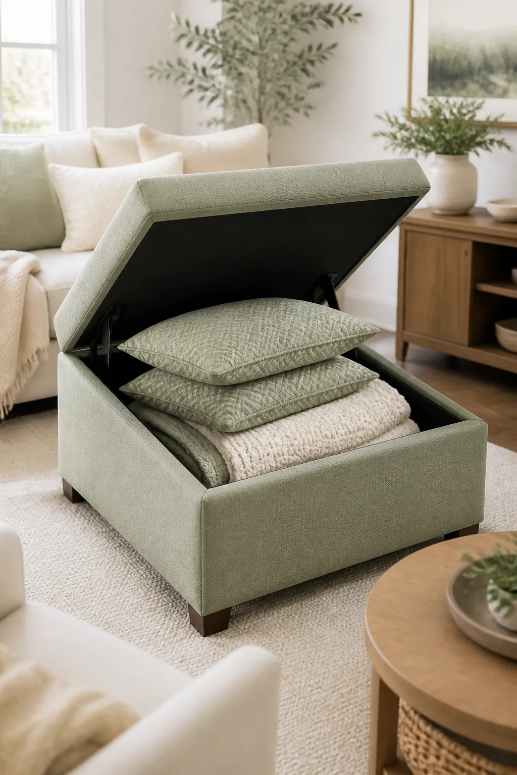 Two matching accent pillows stacked neatly on top of folded throws inside an open storage ottoman.