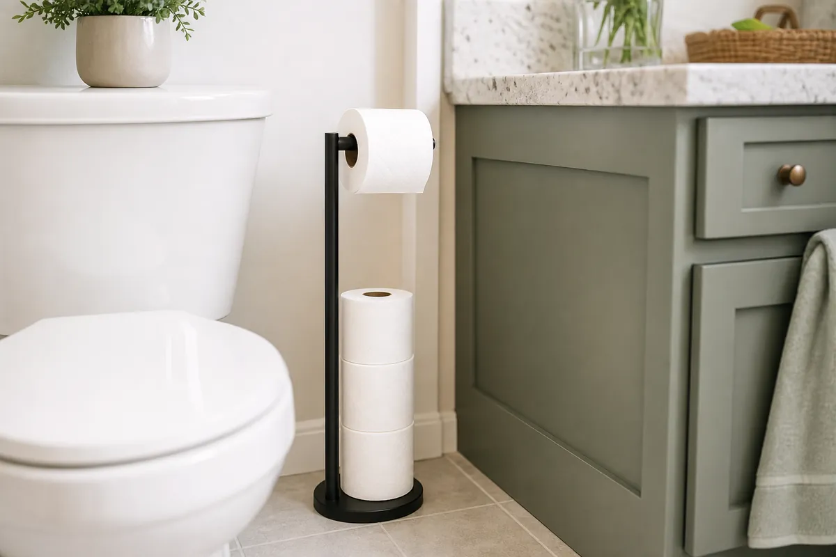 Slim freestanding toilet paper stand in the gap beside a toilet holding spare rolls, a toilet paper storage idea for a tiny bathroom with no floor space