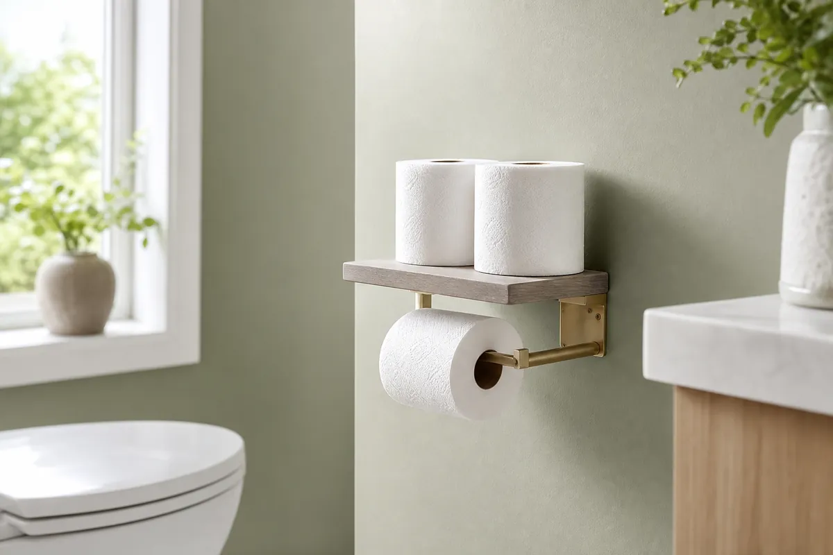 Toilet paper holder with a storage shelf above holding spare rolls, combining two jobs in one fitting in a small bathroom