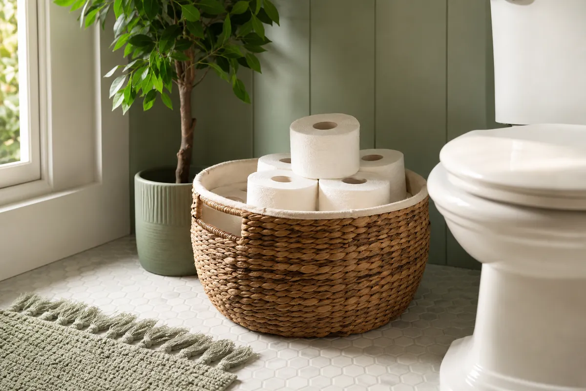 Woven basket of spare toilet rolls beside a toilet, a tidy toilet paper storage idea that keeps dust off the paper in a small bathroom