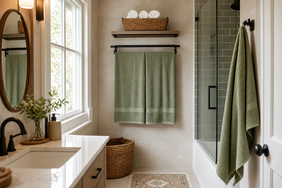 Wall-mounted towel rack with a shelf above holding rolled towels, a space-saving towel storage idea for a small bathroom with no free floor space