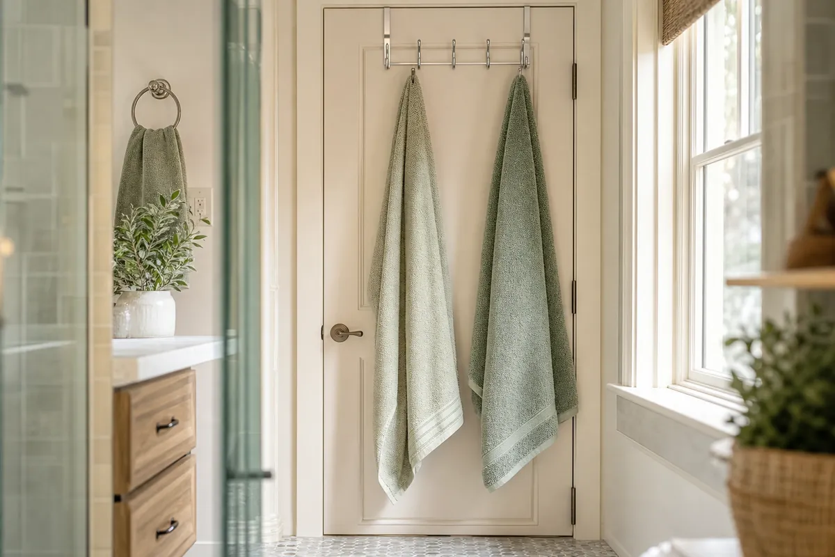 Over-the-door hook hanger holding bath towels on the back of a bathroom door, a no-drill towel storage idea for renters in small bathrooms