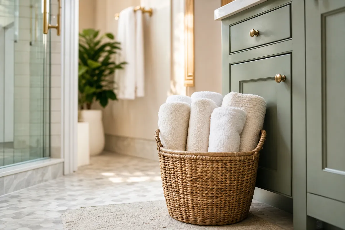 Basket of rolled towels standing upright beside a bathroom vanity, a tidy towel storage idea that stops folded stacks slumping in a small bathroom