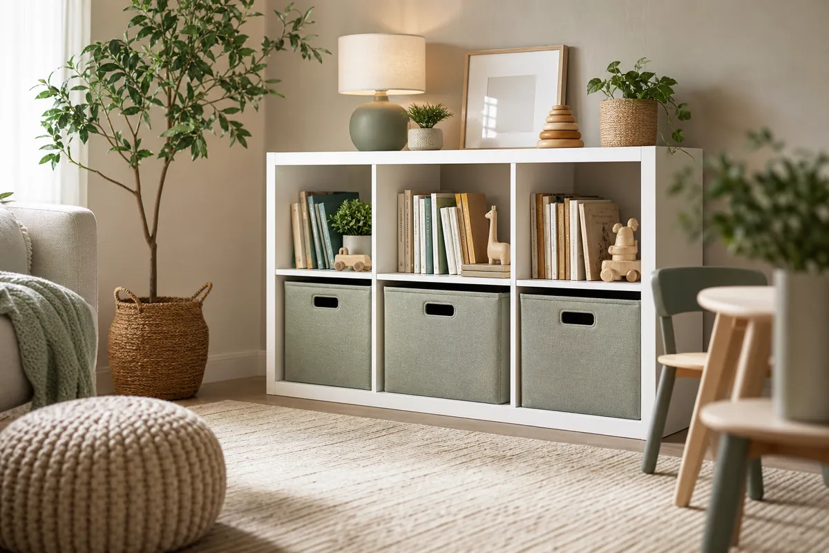 A cube shelf unit with fabric toy bins in the lower cubes and books above, sited in a small living room