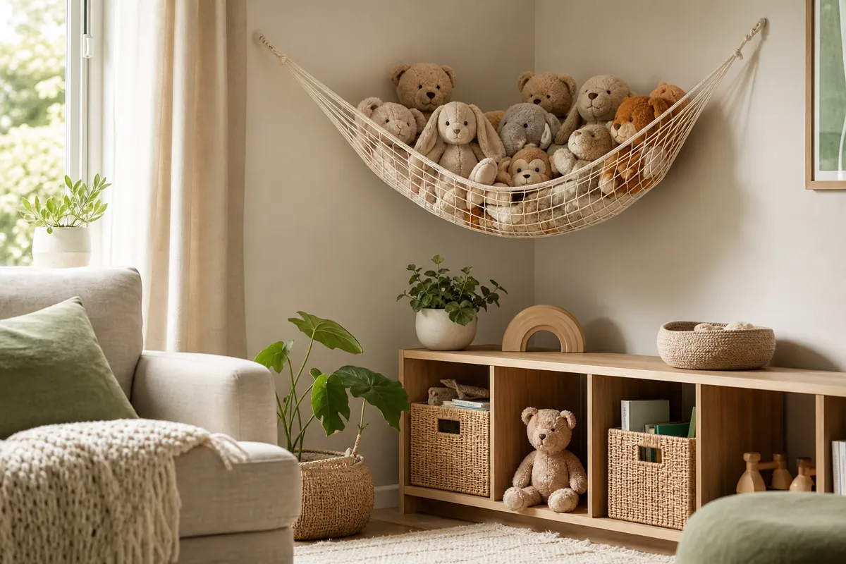 A corner hammock net strung across a living room corner holding soft toys up off the floor