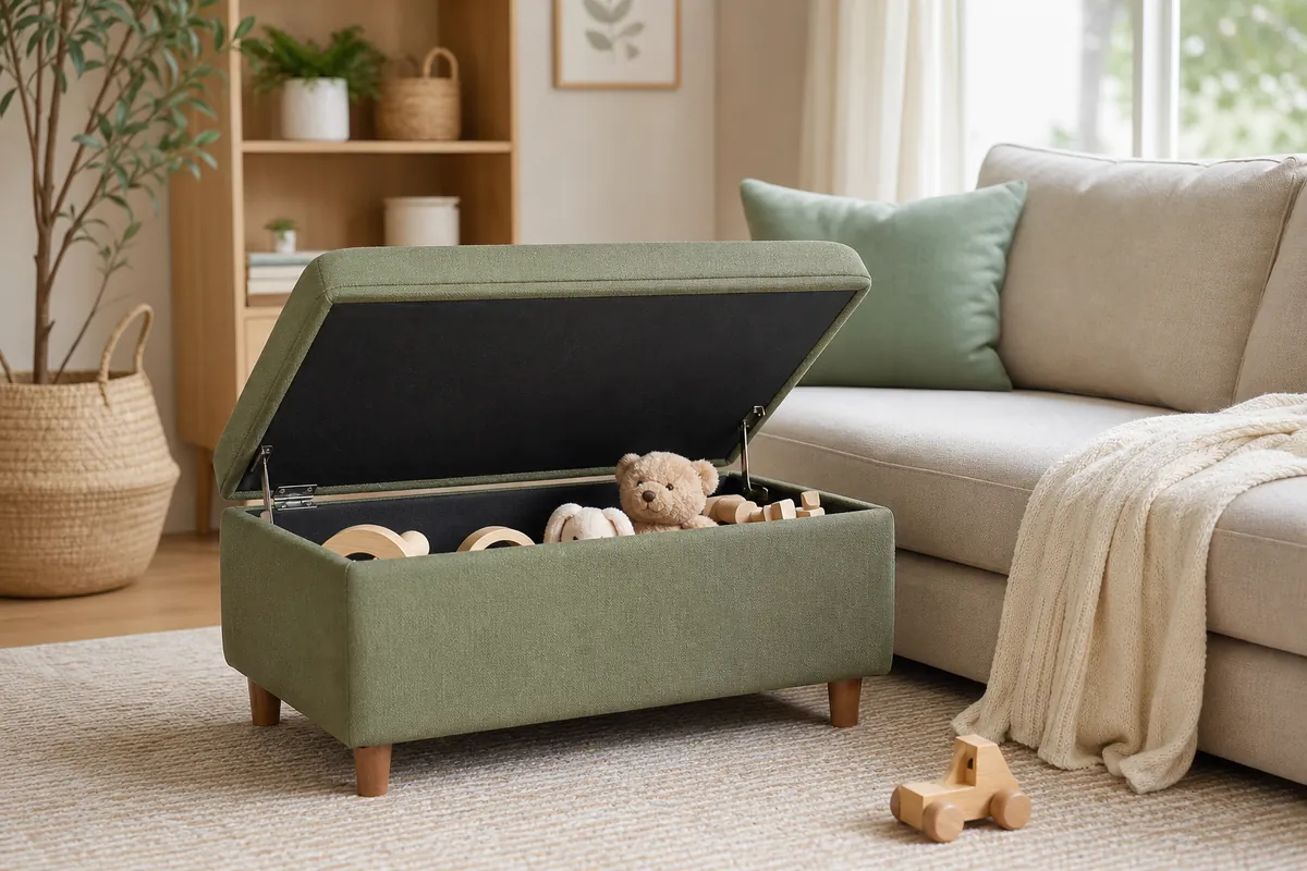 A lidded storage ottoman beside a sofa holding toys inside while serving as a footrest