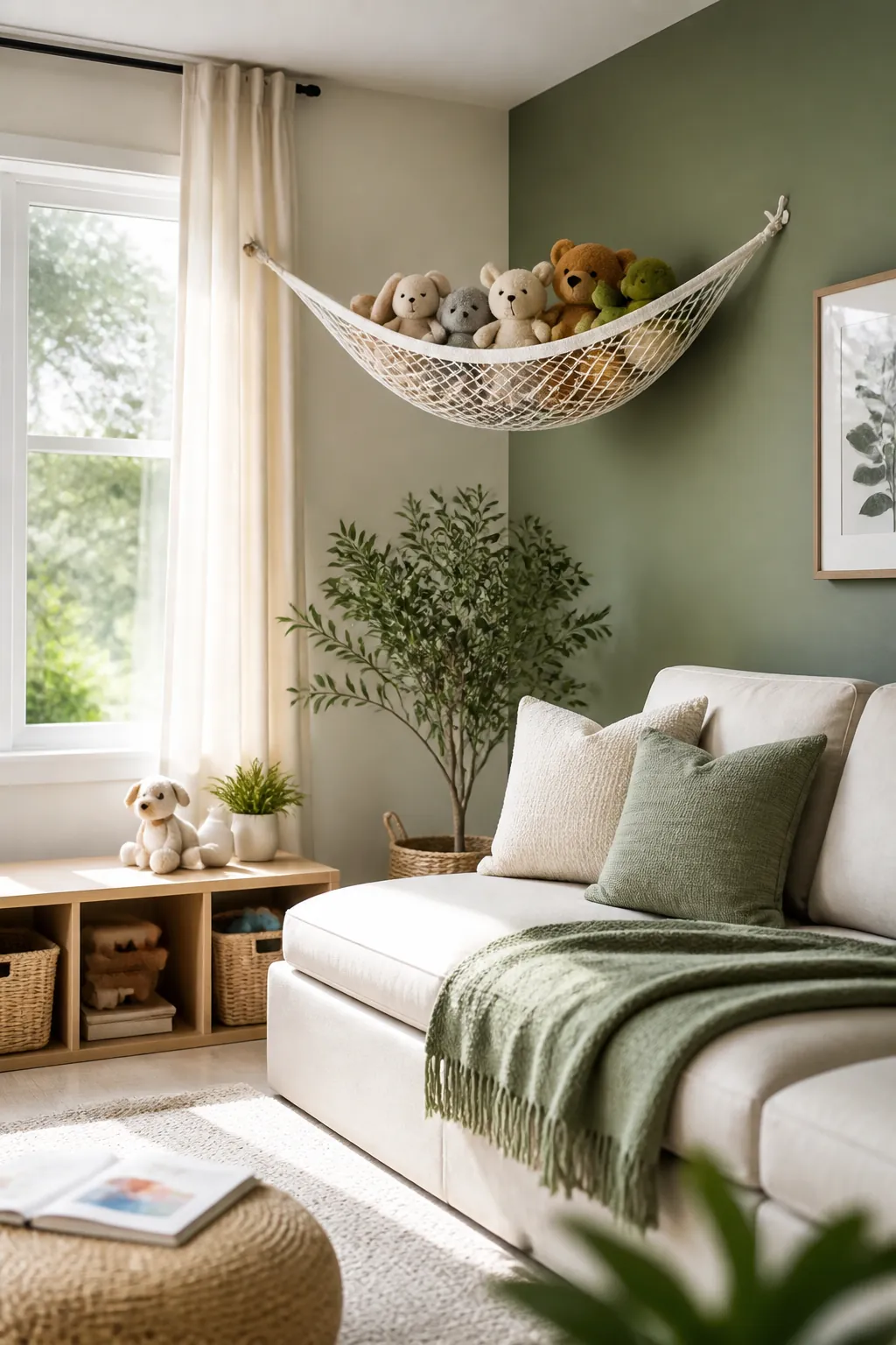 Stuffed animal storage hammock strung across a living room corner, holding soft toys above the sofa and floor