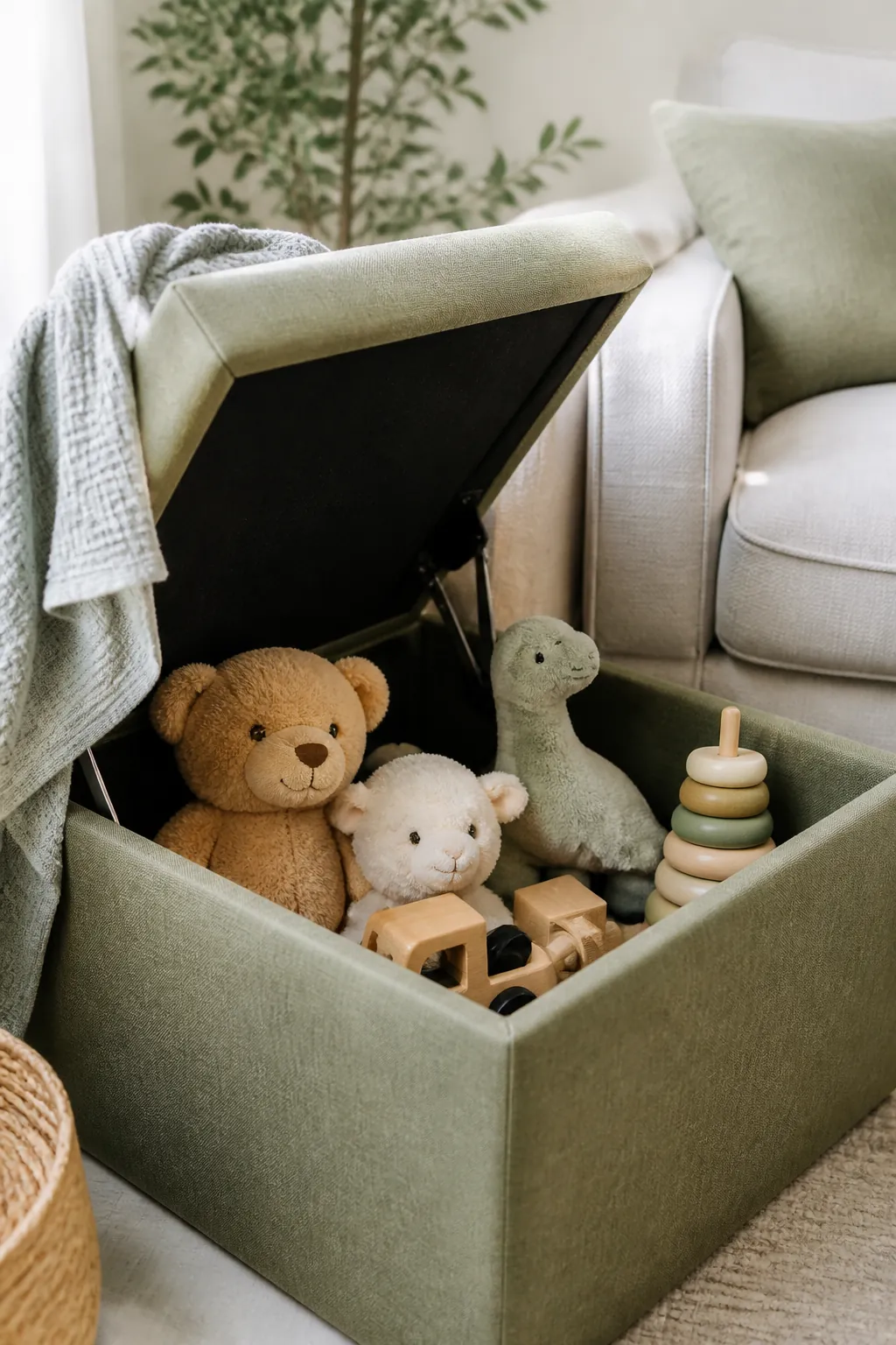 Toy storage ottoman open beside the sofa, stuffed animals and wooden toys inside its hollow base